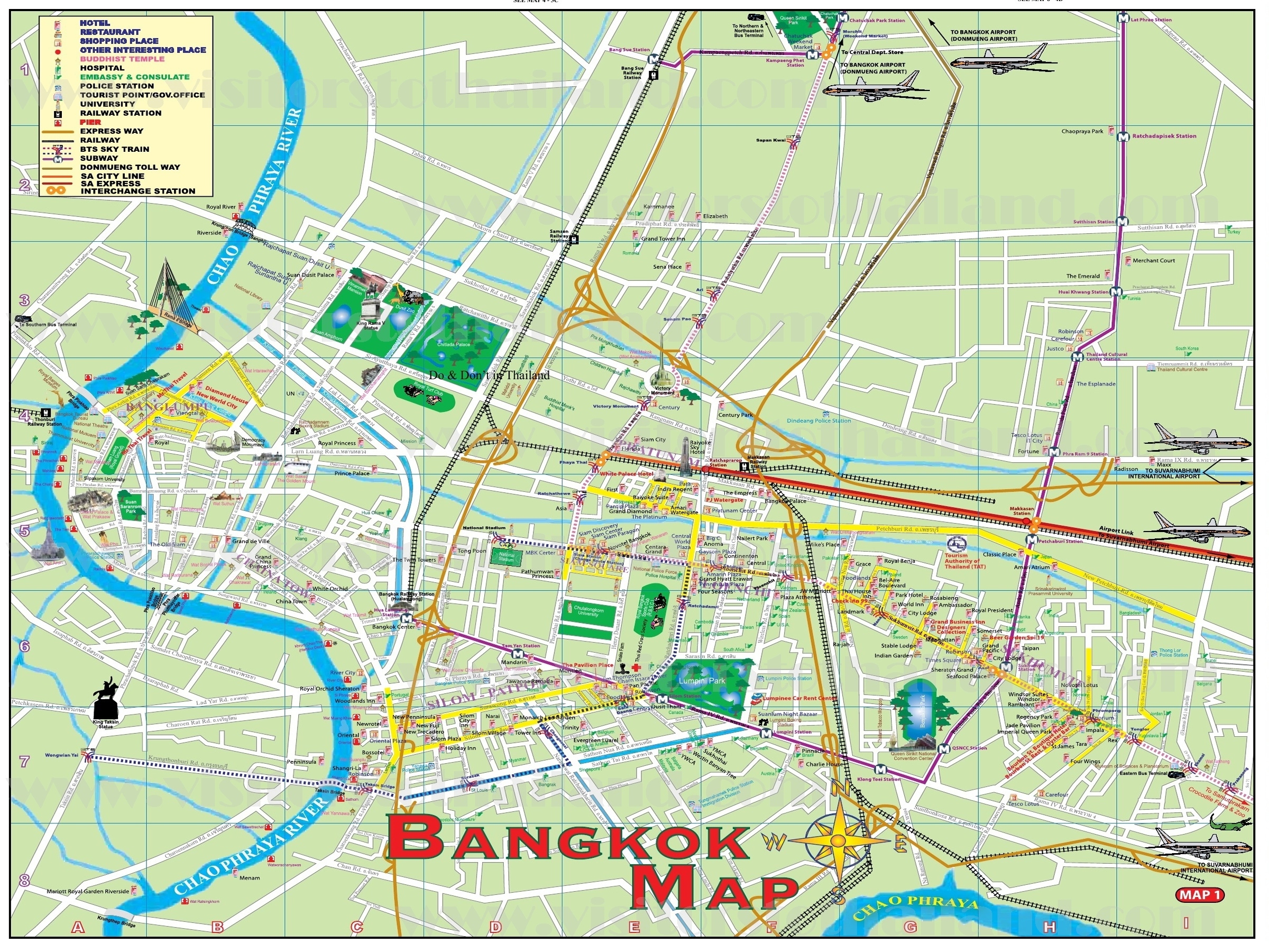 Ближайший бангкока. Карта метро Бангкока с достопримечательностями. Сукхумвит Бангкок на карте. Достопримечательности Бангкока на карте. Туристическая карта Бангкока.